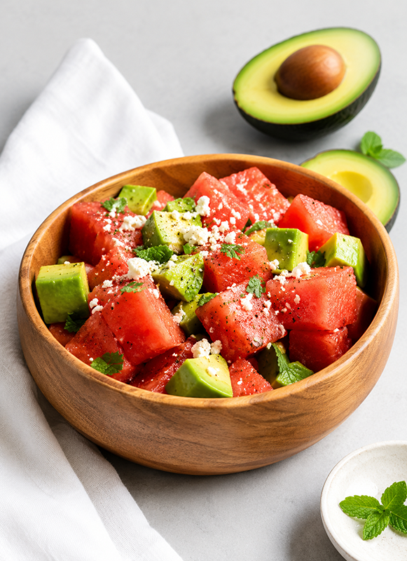 Watermelon and Avocado salad with Red Onion and Mint